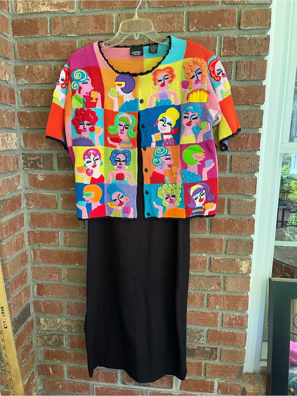 VTG Christina Color block Faces Cotton Cardigan 90’s The Nanny Grandma Sz S